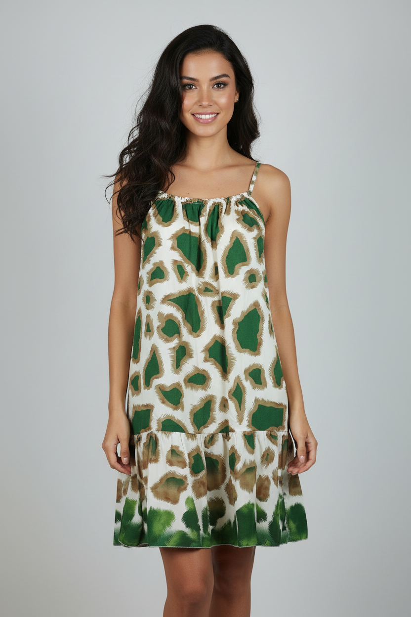 Sommerkleid Animal Print Creme Grün vorne