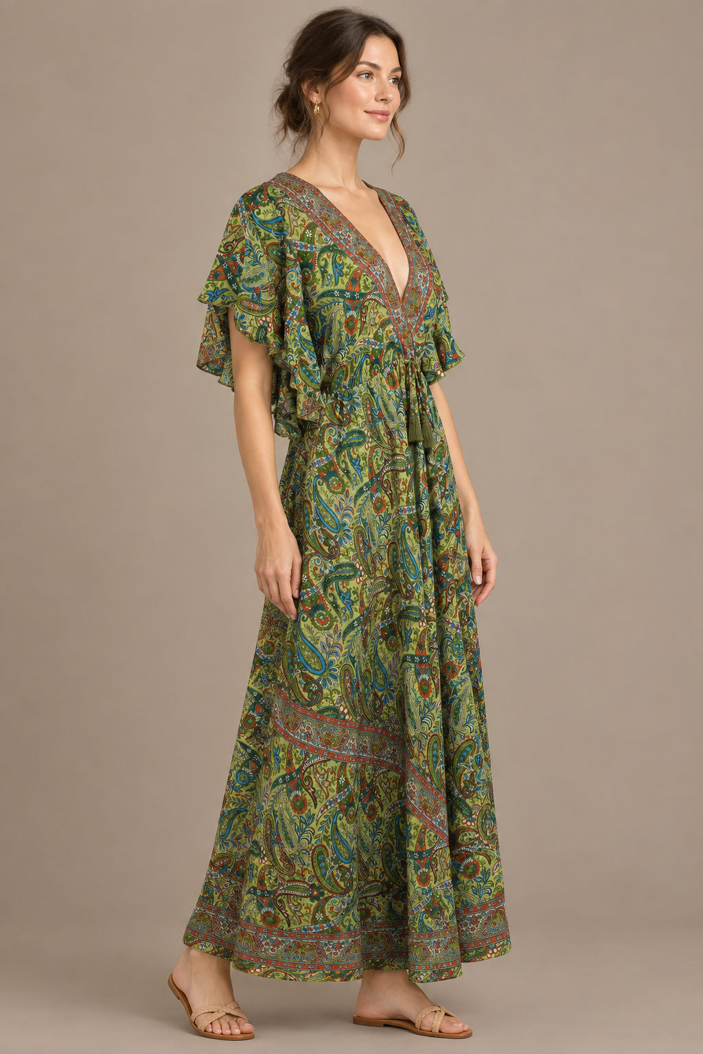 Boho Maxikleid Olivgrün Blau – Seitenansicht