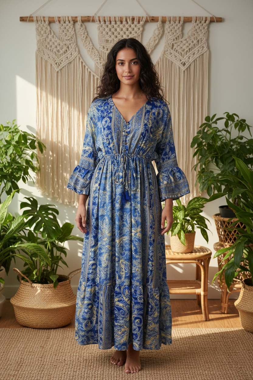 Boho Maxi Kleid Kobaltblau Gelb Baroque Paisley – Boho Stehend