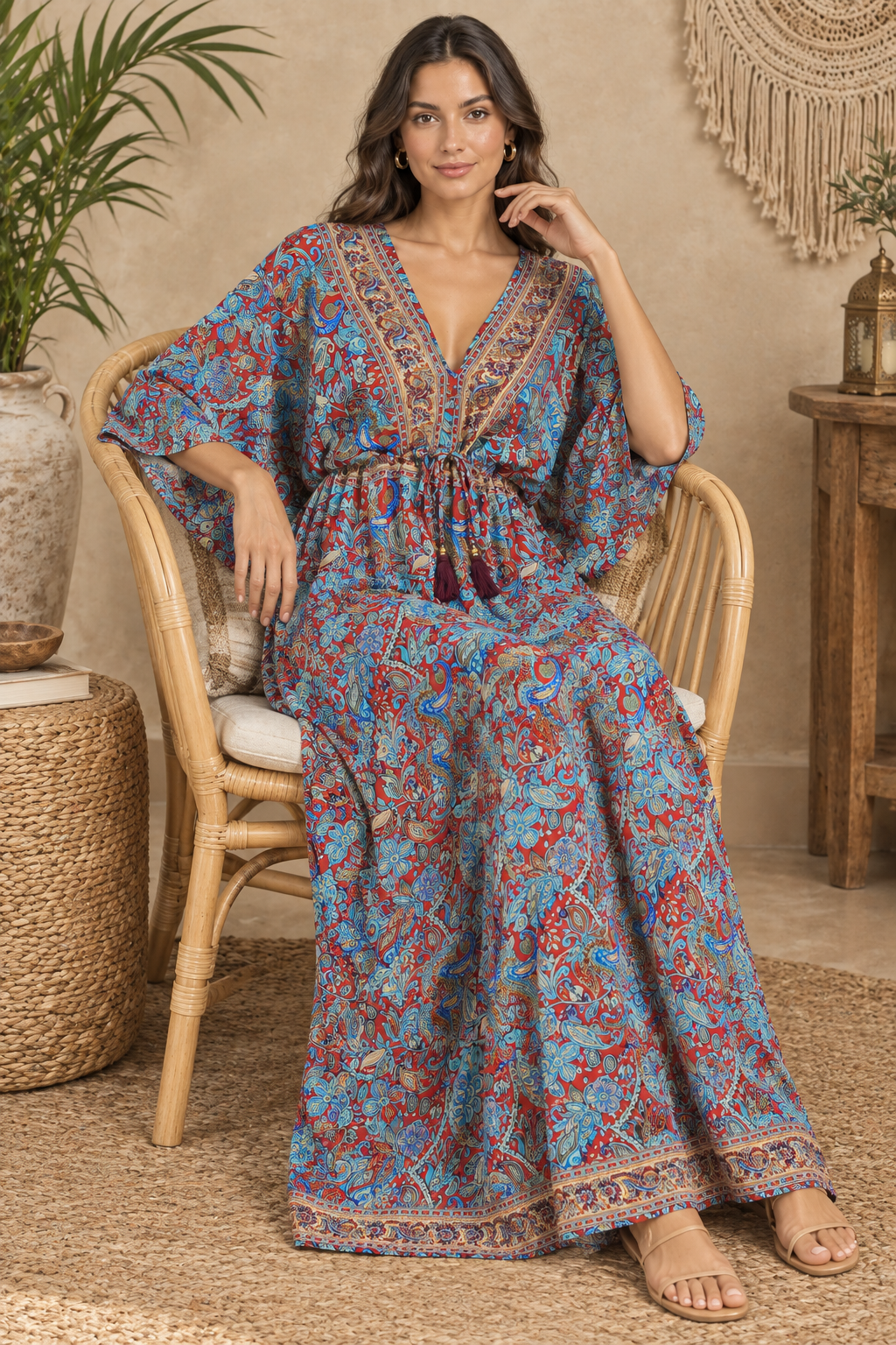 Boho Kaftan in Rot und Blau – sitzende Ansicht