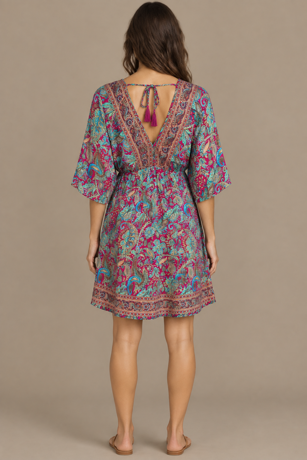 Boho Tunika in Fuchsia und Türkis mit Rückenausschnitt und Quasten