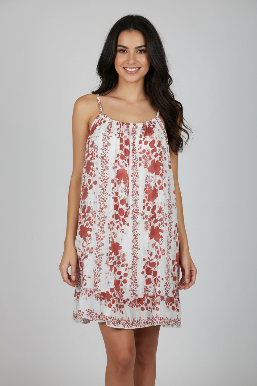 Sommerkleid Blumenprint Weiß Terrakotta vorne