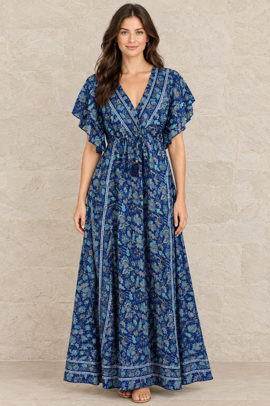 Boho Maxikleid Dunkelblau Türkis vor Steinwand