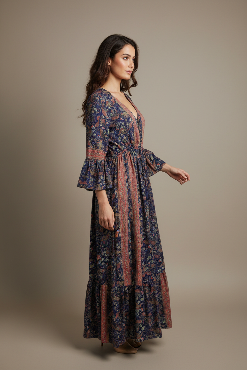 Boho Maxi Kleid Blau Bordeaux – Studio Seitenansicht