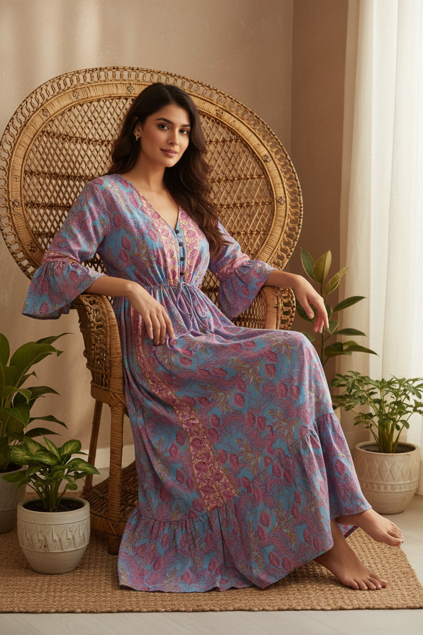 Boho Maxi Kleid Himmelblau Pink Rosen – Sitzbild