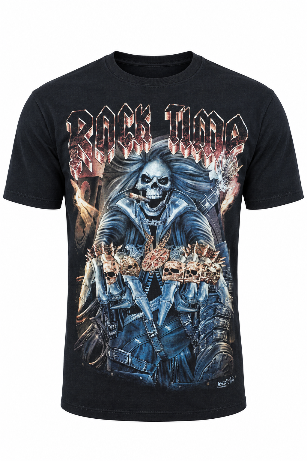 Schwarzes Rock Time Skull T-Shirt mit Skelett-Rocker und Gitarrendetails