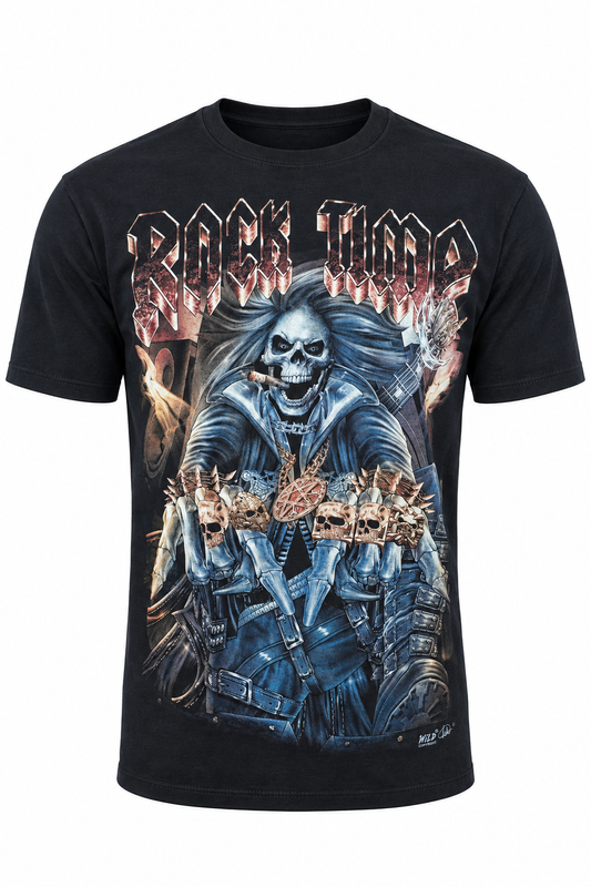 Schwarzes Rock Time Skull T-Shirt mit Skelett-Rocker und Gitarrendetails