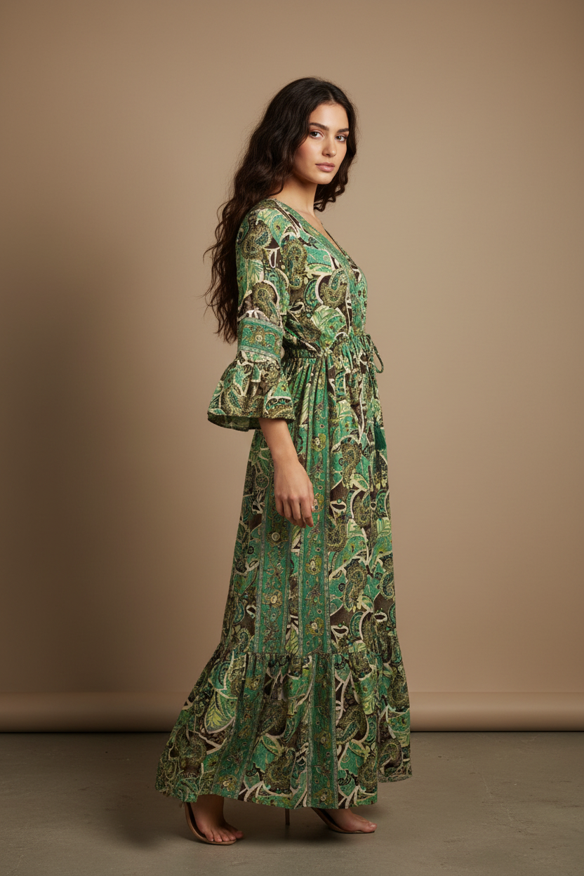 Boho Maxi Kleid Grün Türkis Paisley – Seitenansicht