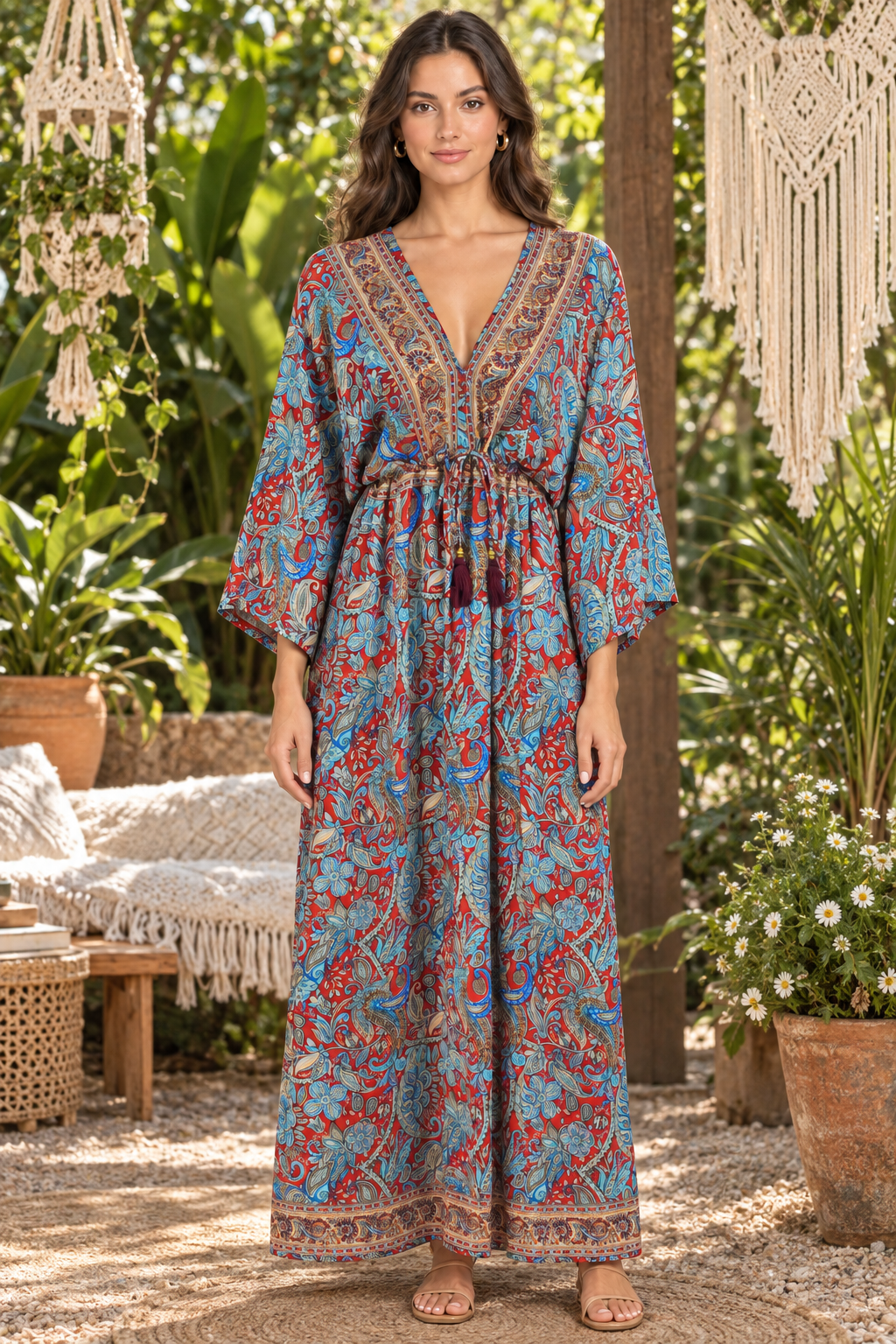 Boho Kaftan in Rot und Blau im Boho-Ambiente