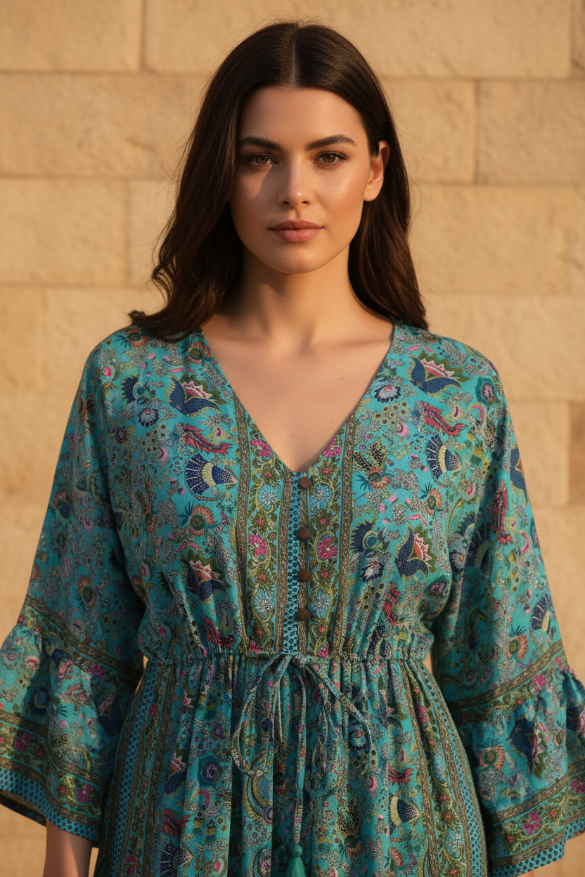 Boho Maxi Kleid Türkis Exotischer Print – Detailbild Ausschnitt