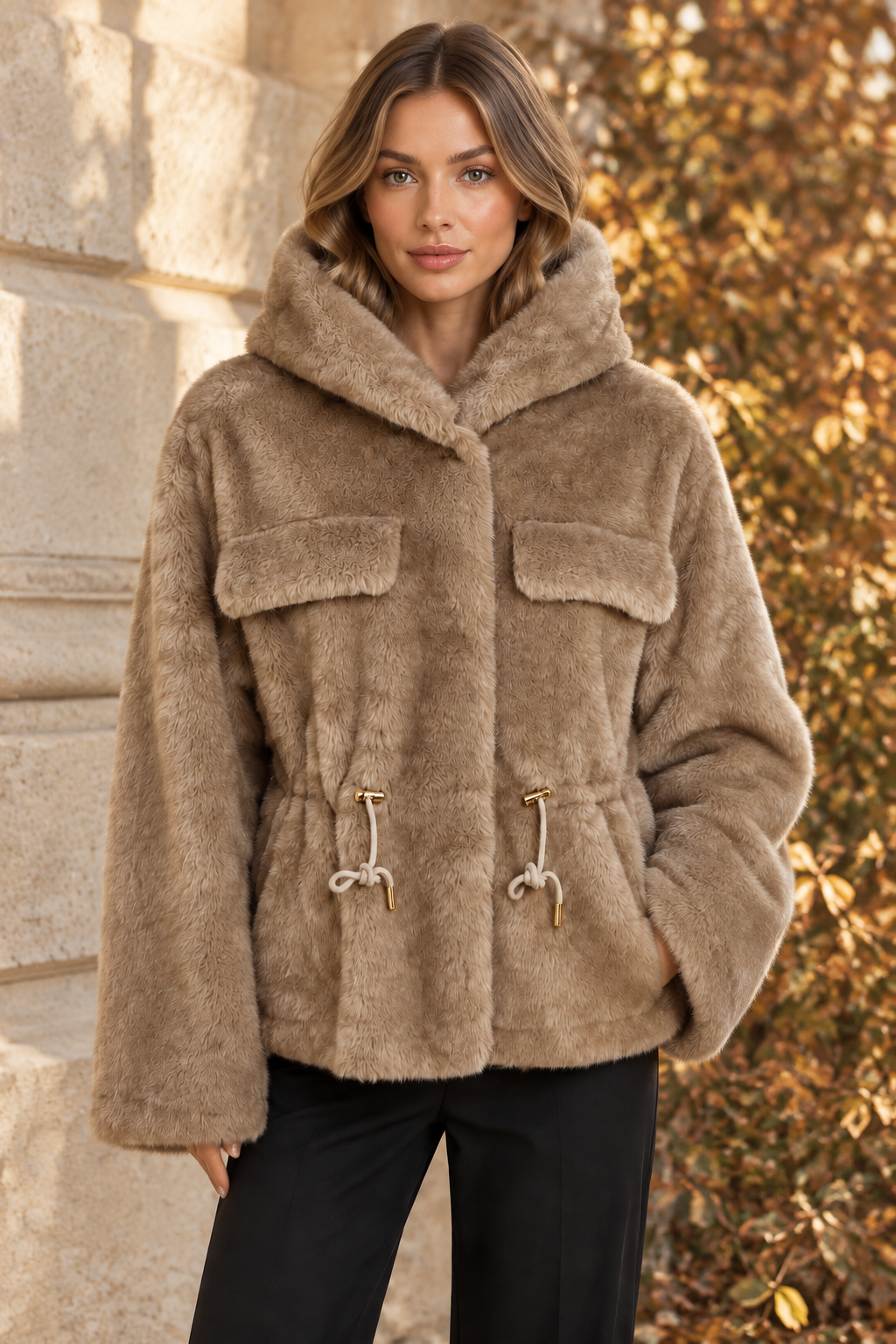 Teddybeige Felljacke am Model in herbstlicher Outdoor-Kulisse