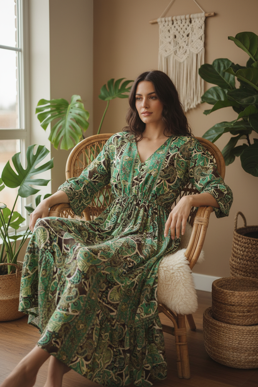 Boho Maxi Kleid Smaragd Dunkelbraun Paisley – Sitzbild Boho