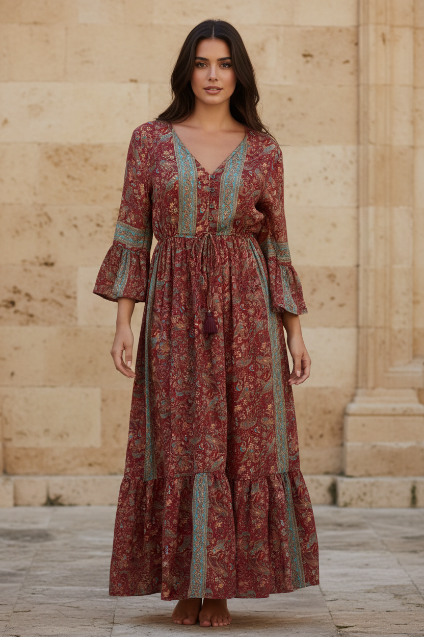 Boho Maxi Kleid Bordeaux Paisley – Steinwand