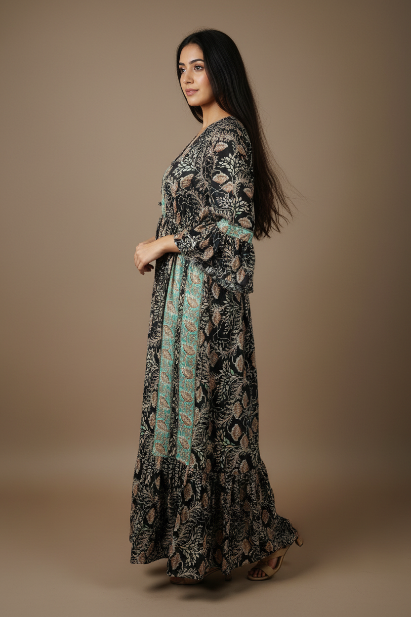 Boho Maxi Kleid Schwarz Mint Blockprint – Seitenansicht