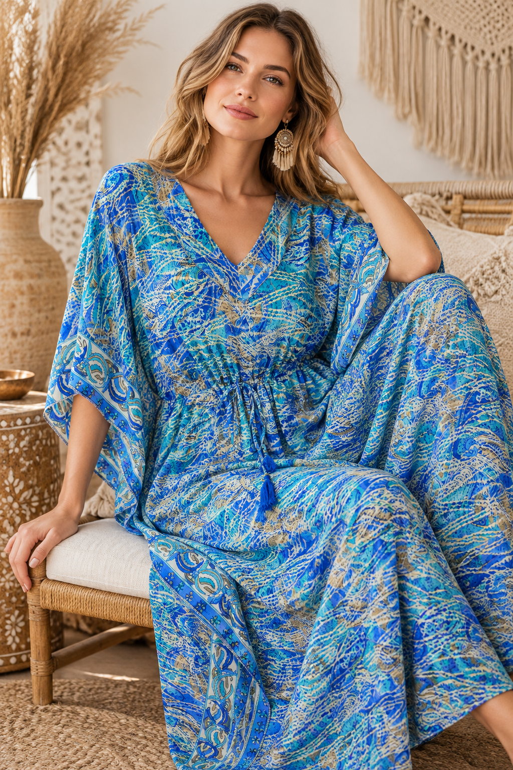 Boho Kaftan Lagunen-Blau Türkis – Sitzbild