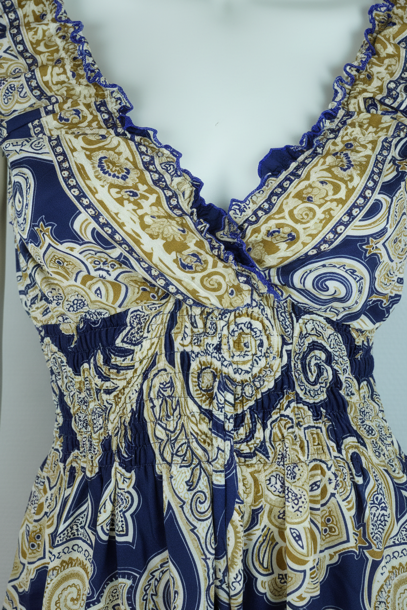 Sommerkleid Boho Marineblau Paisley Detail Ausschnitt