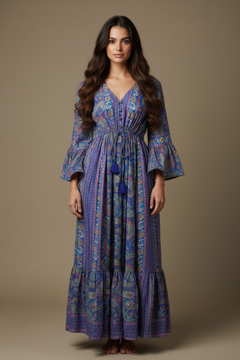 Boho Maxi Kleid Blau Lila Paisley – Studio Hauptbild