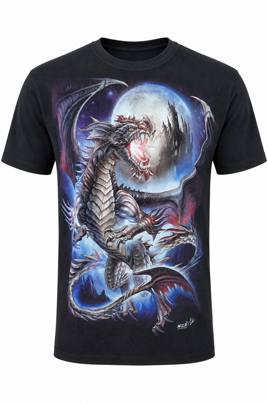 Schwarzes Moon Dragon Fantasy T-Shirt mit fliegendem Drachen, Vollmond und Burg