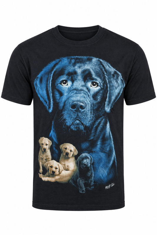 Schwarzes T-Shirt mit großem schwarzen Labrador und vier Welpen