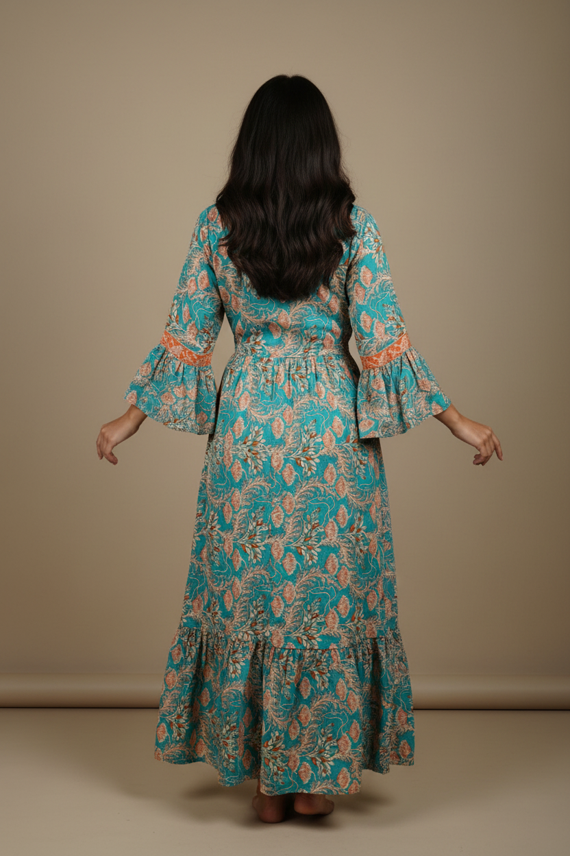 Boho Maxi Kleid Türkis Orange Blockprint – Rückseite