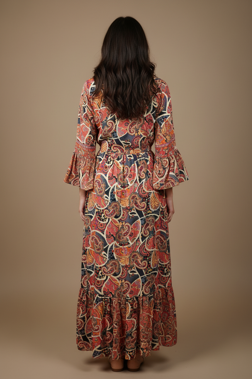 Boho Maxi Kleid Altrosa Dunkelblau Paisley – Rückseite