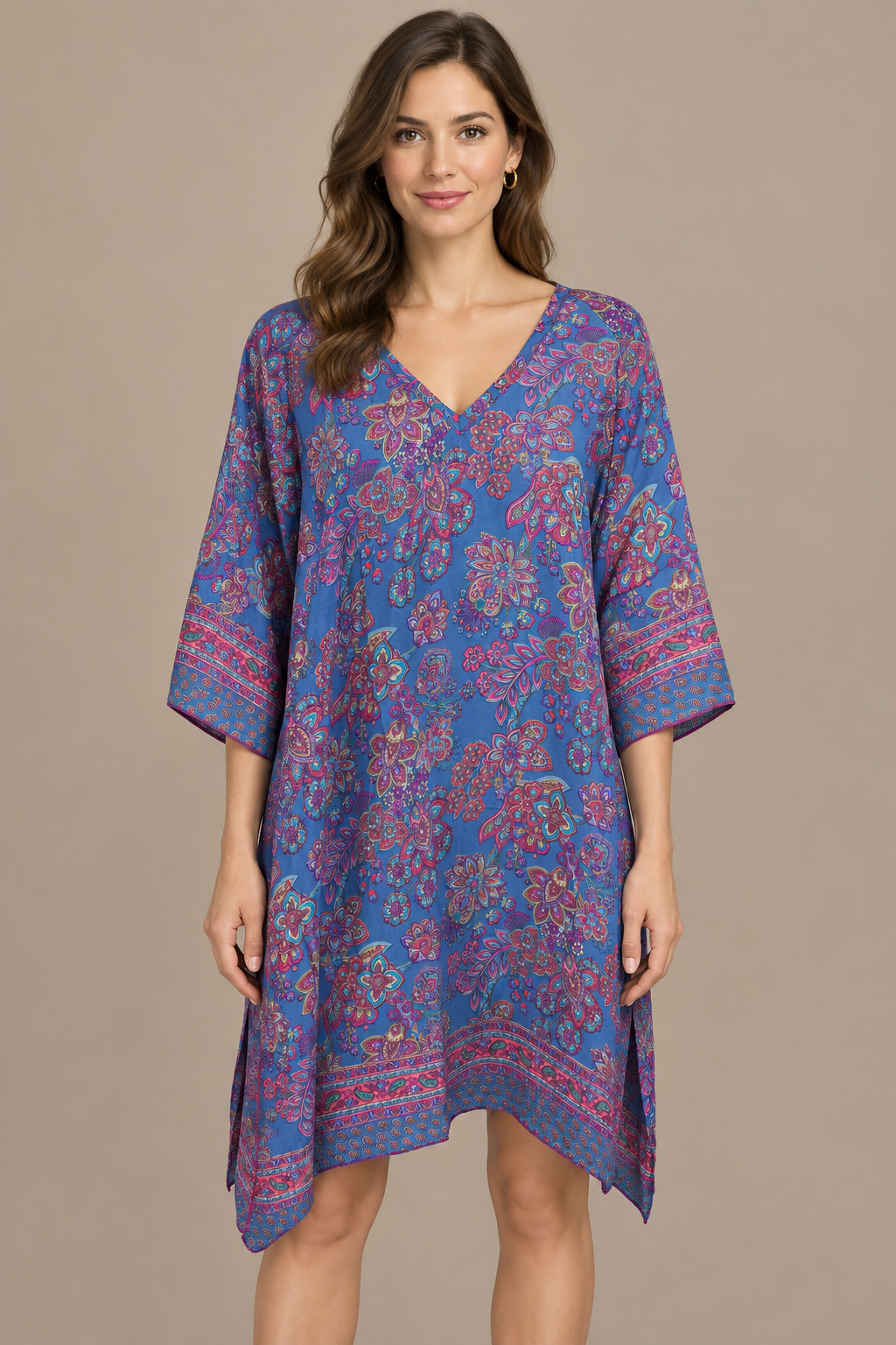 Boho Tunika Taubenblau, Pink und Violett – Studio Vorderansicht