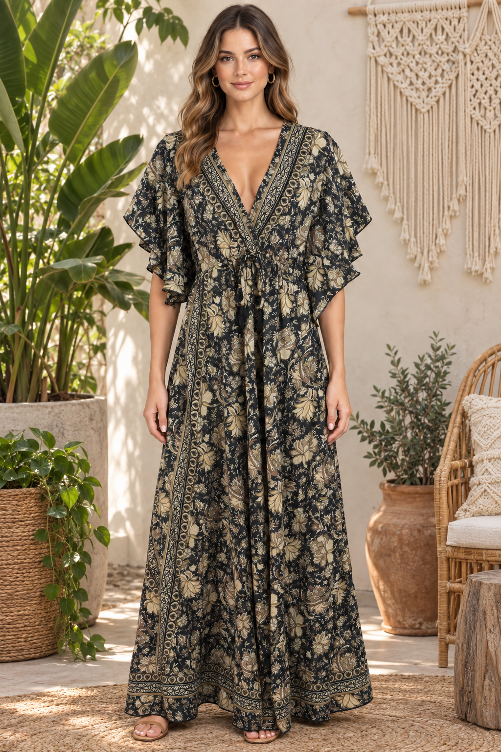 Boho Maxikleid Schwarz Taupe im Boho-Ambiente