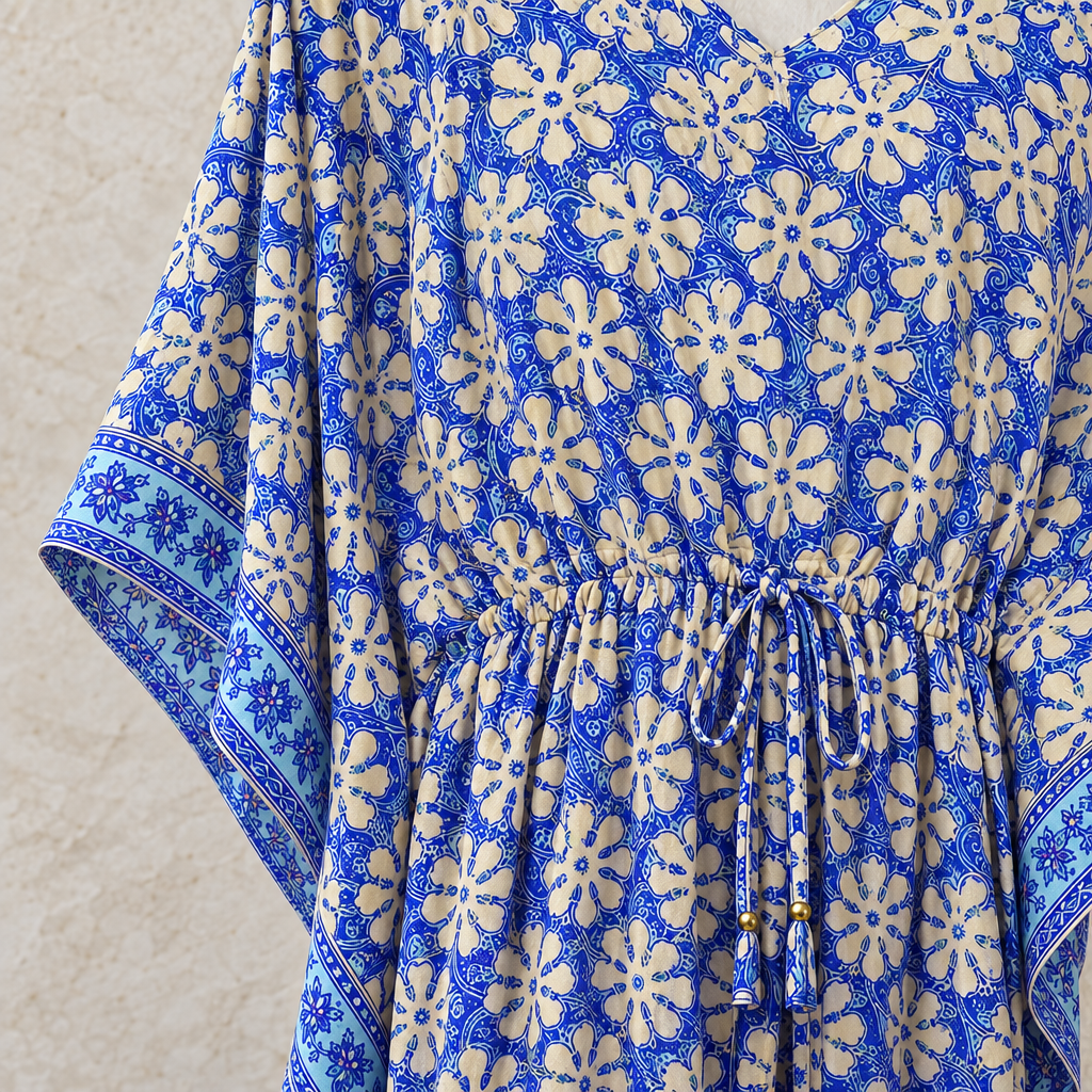 Boho Kaftan Blüten-Blau Creme – Detailaufnahme