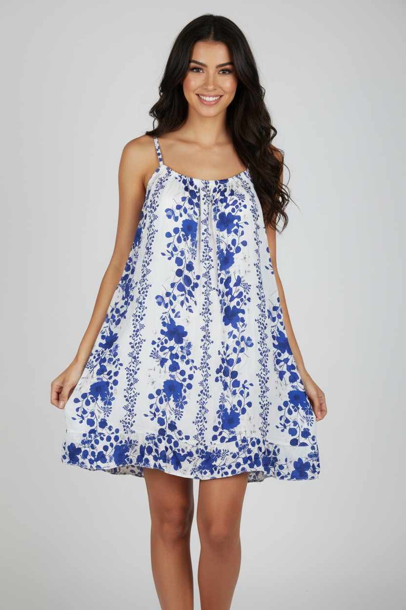 Sommerkleid Blumenprint Weiß Blau vorne