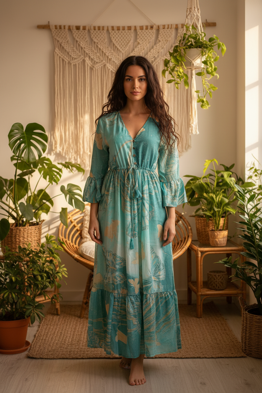 Boho Maxi Kleid Türkis Aqua Schmetterling – Boho Stehend