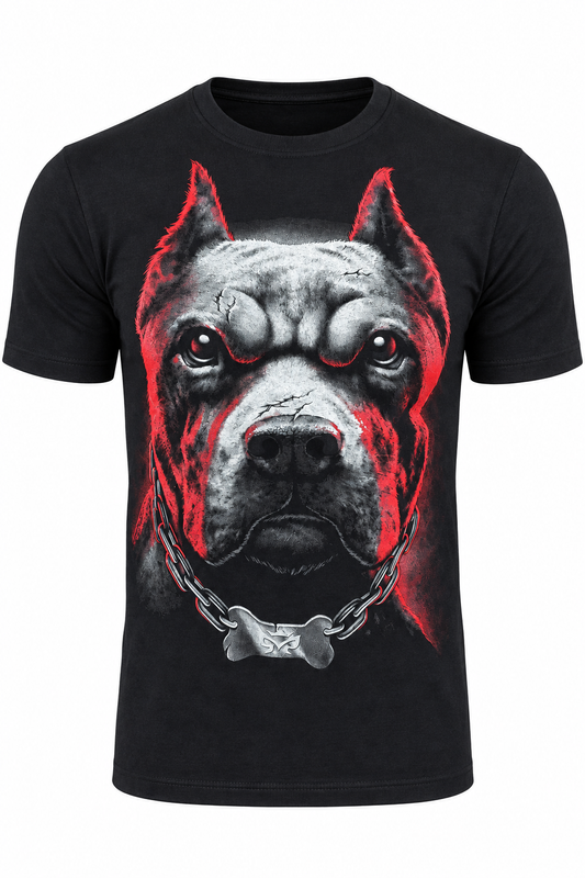 Schwarzes Pitbull T-Shirt mit rot-grauem Hundeporträt, Kette und Knochenanhänger