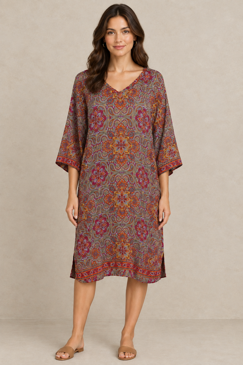 Boho Tunika Taupe, Bordeaux und Orange vor Steinwand