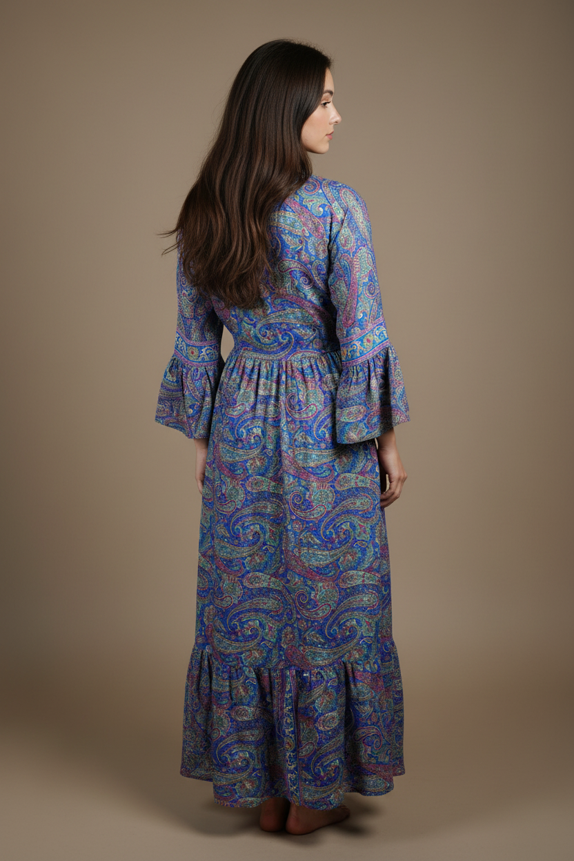 Boho Maxi Kleid Blau Lila Paisley – Rückseite