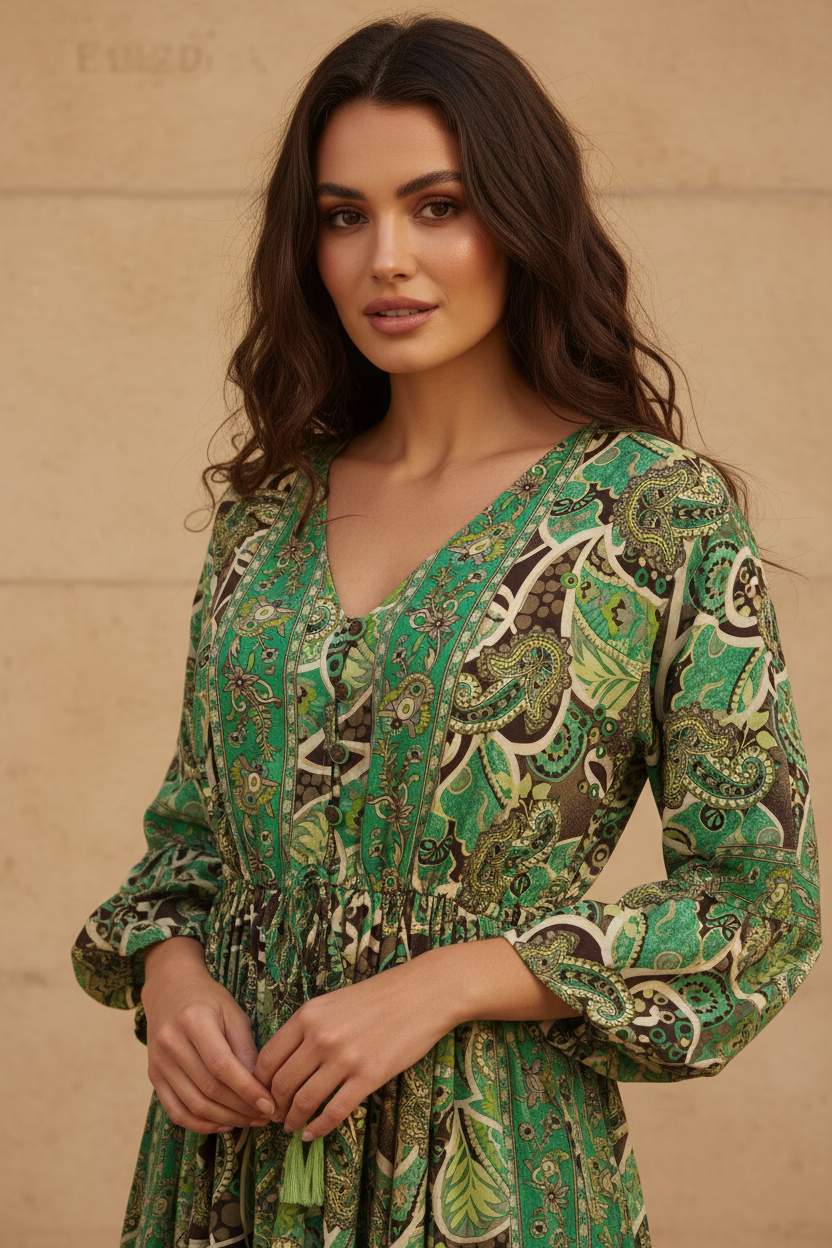Boho Maxi Kleid Smaragd Dunkelbraun Paisley – Detailbild Ausschnitt