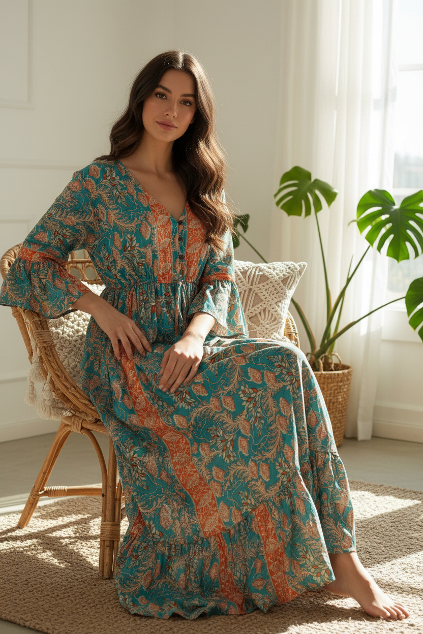Boho Maxi Kleid Türkis Orange Blockprint – Sitzbild