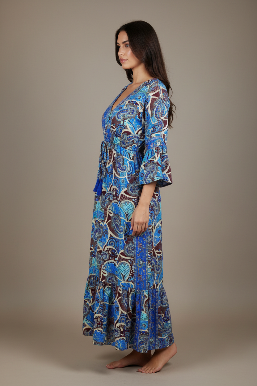 Boho Maxi Kleid Kobaltblau Bordeaux Paisley – Studio Seitenansicht