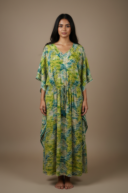 Boho Kaftan Grün Türkis Feder-Print – Studio Hauptbild