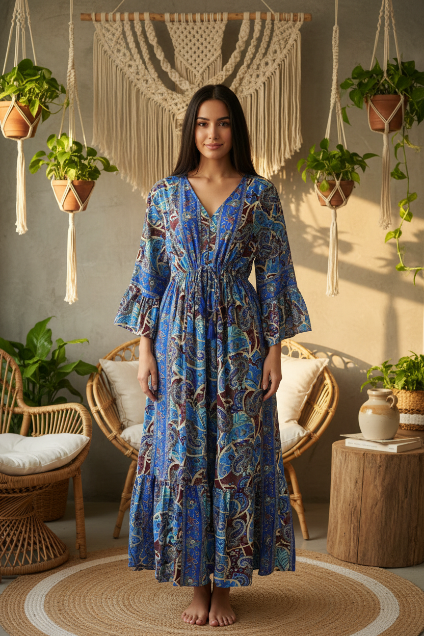 Boho Maxi Kleid Blau Bordeaux Paisley – Boho Stehend