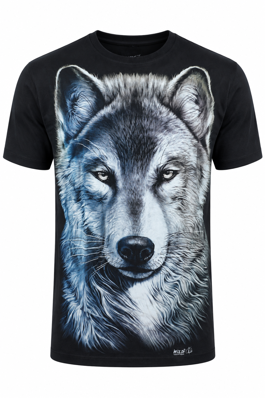 Schwarzes Alpha Wolf Pack T-Shirt mit großem realistischem Wolfsporträt