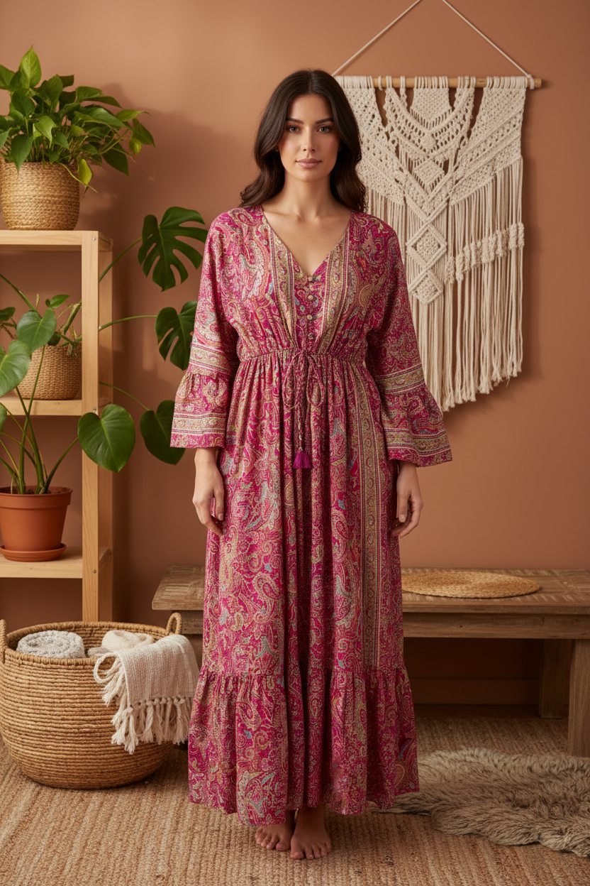Boho Maxi Kleid Pink Paisley – Boho Stehend