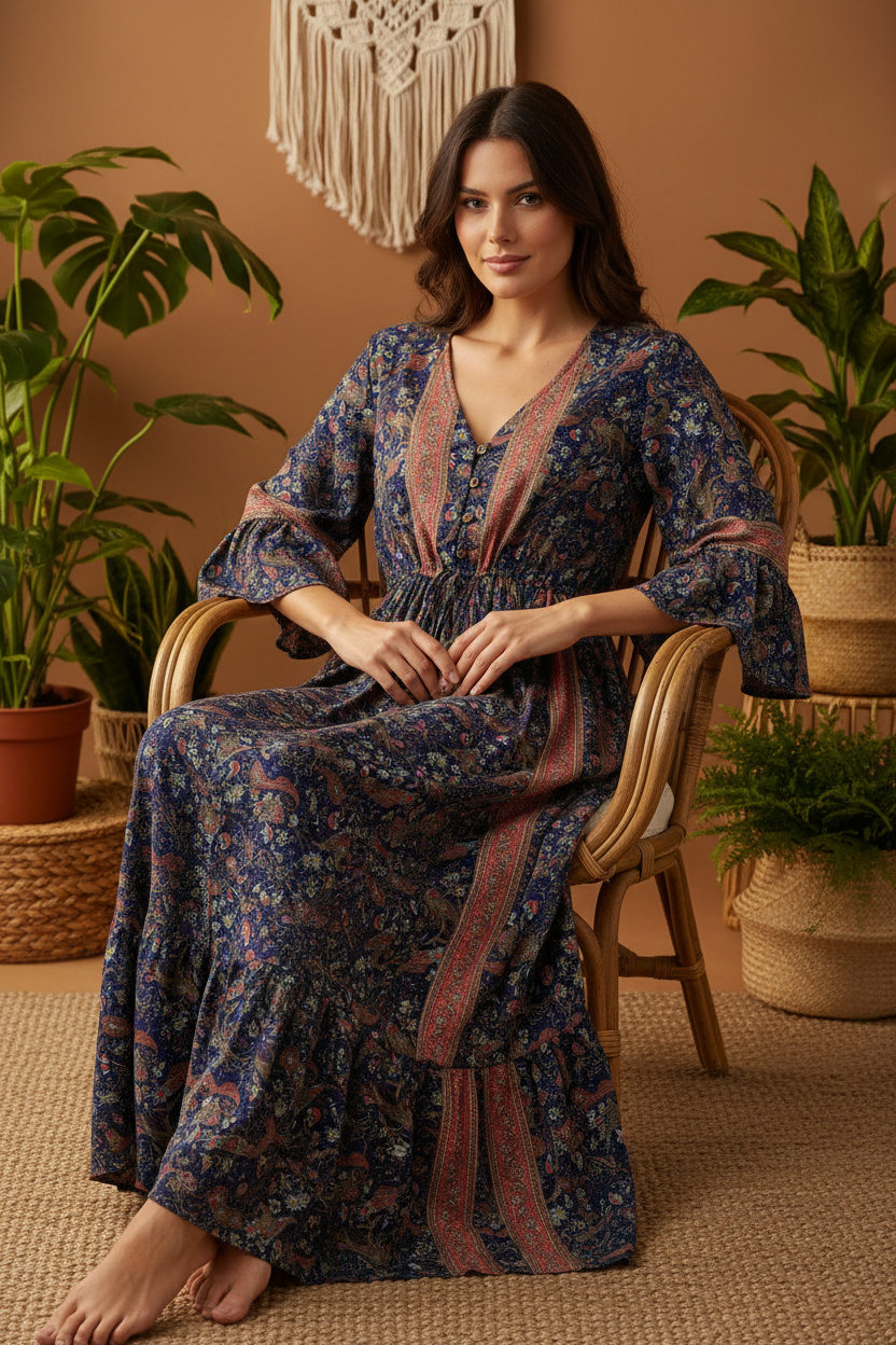 Boho Maxi Kleid Blau Bordeaux – Sitzbild Boho