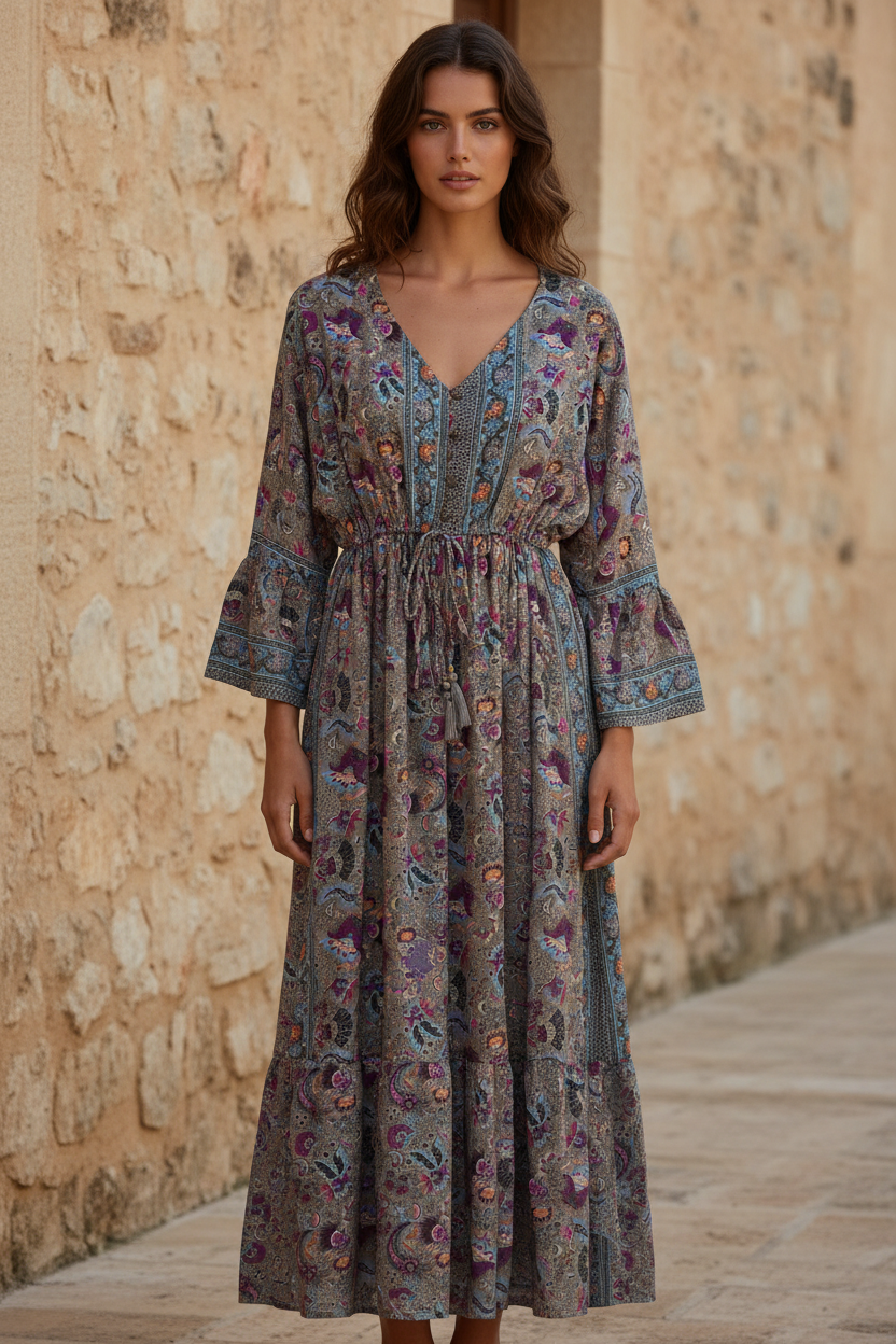 Boho Maxi Kleid Paisley Grau/Lila – Steinmauer