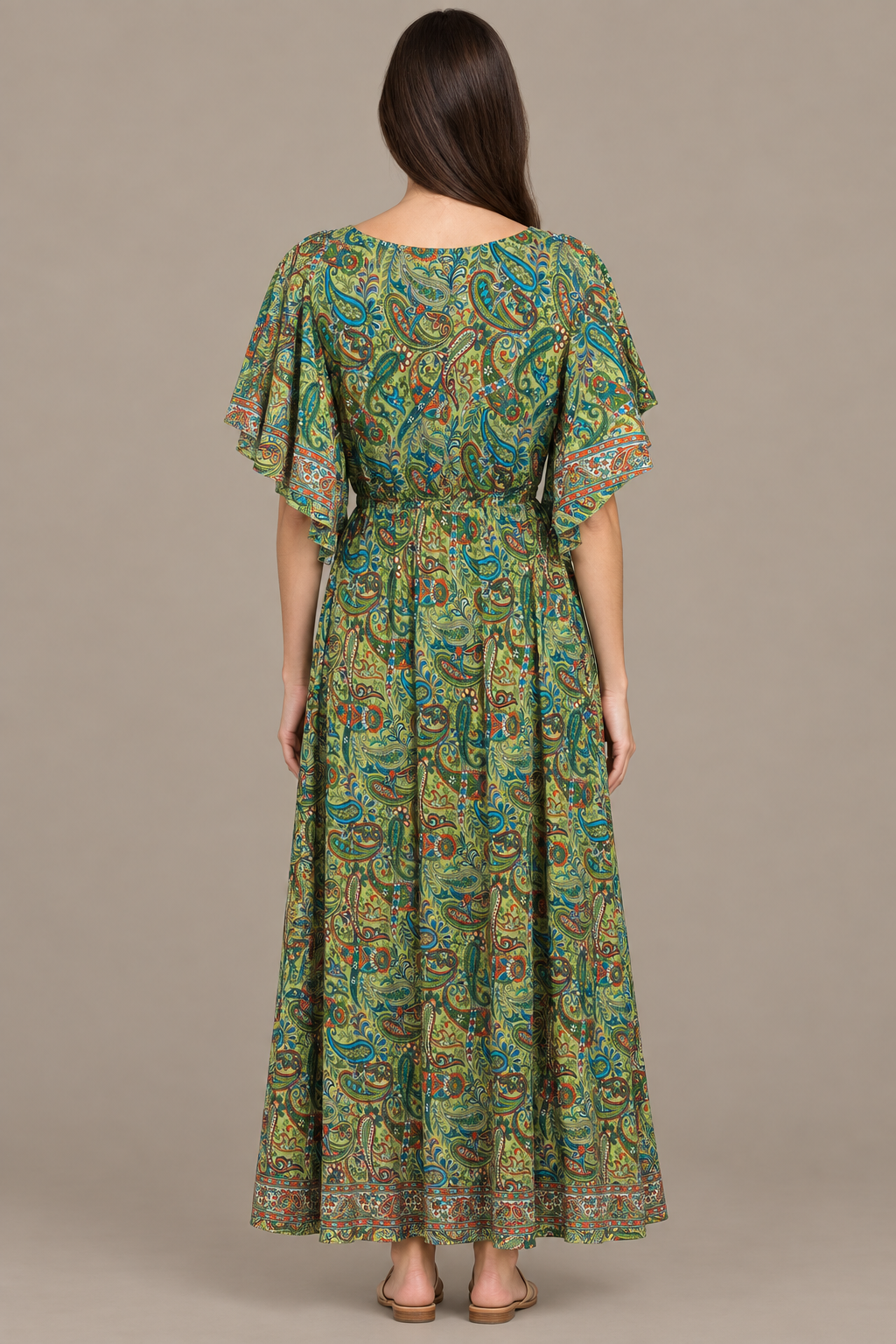 Boho Maxikleid Olivgrün Blau Rostrot – Rückansicht