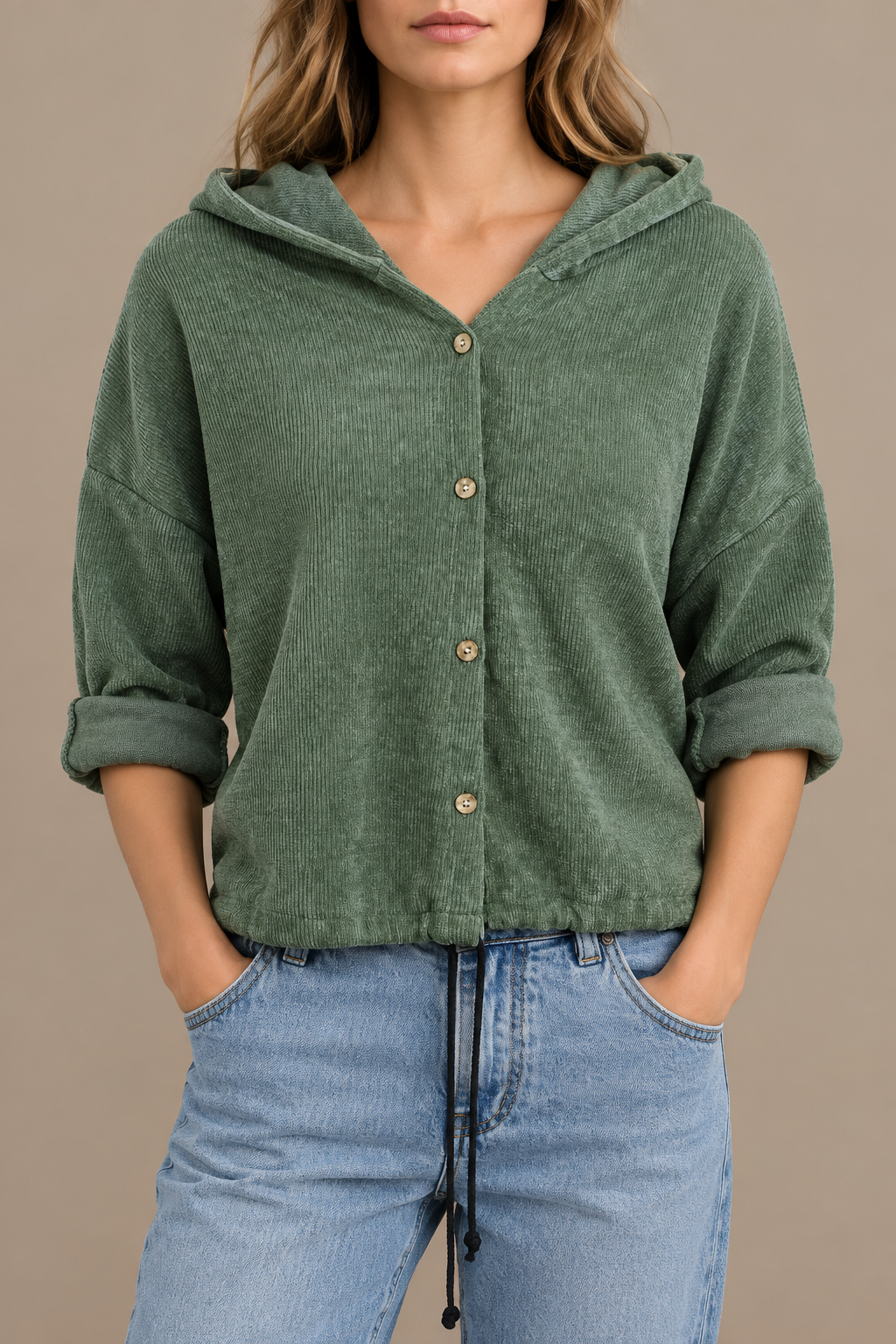 Olivgrüner Cord-Hoodie mit Knopfleiste, Studio-Vorderansicht