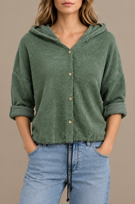Olivgrüner Cord-Hoodie mit Knopfleiste, Studio-Vorderansicht