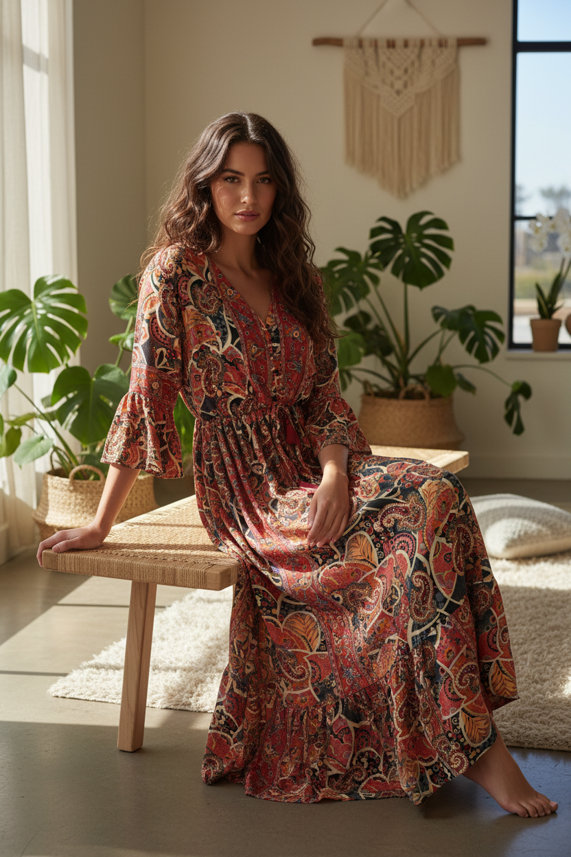 Boho Maxi Kleid Altrosa Dunkelblau Paisley – Sitzbild
