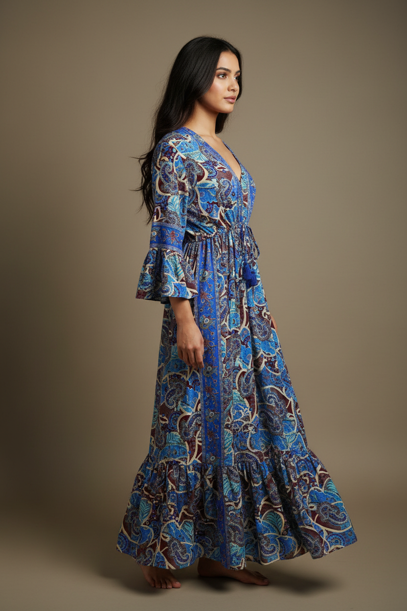 Boho Maxi Kleid Blau Bordeaux Paisley – Seitenansicht