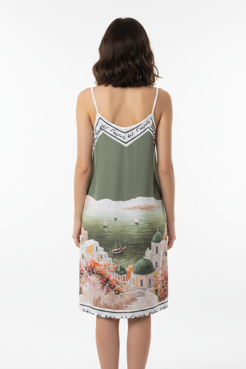 Sommerkleid Santorini Print Oliv Rückansicht KI