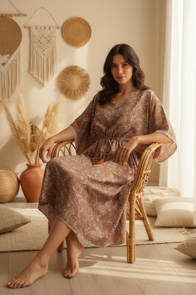 Boho Kaftan Braun Taupe Paisley – Sitzbild