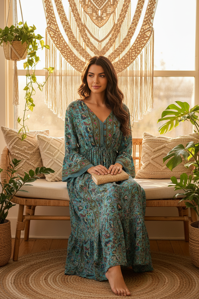 Boho Maxi Kleid Türkis – Sitzbild Boho